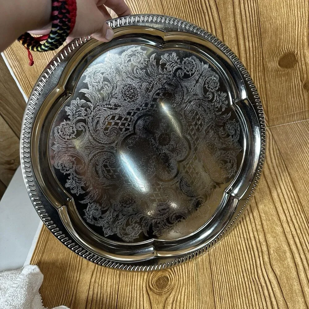 Vintage‎ Finest Nickel Plated Tinplate Serving Platter Tarnish Proof Floral 14”